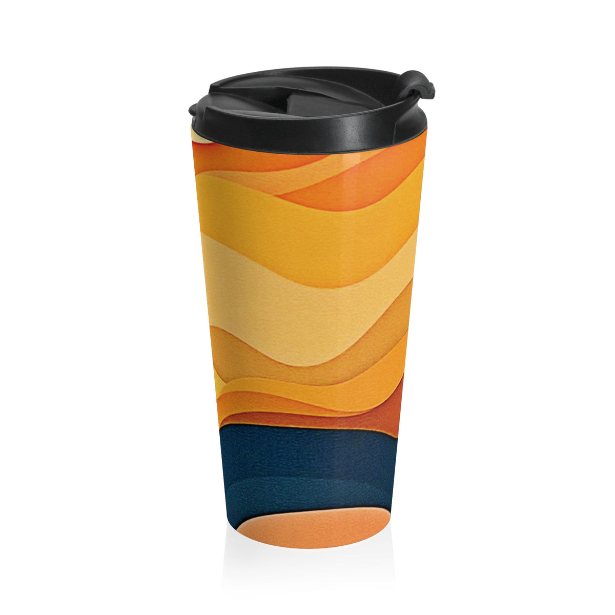 Mug de voyage en acier inoxydable Vagues au coucher du soleil — Design rétro abstrait orange et jaune