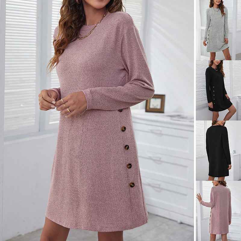 Robe femme à manches longues et col rond – Robe décontractée et ample de couleur unie pour l'automne et le printemps