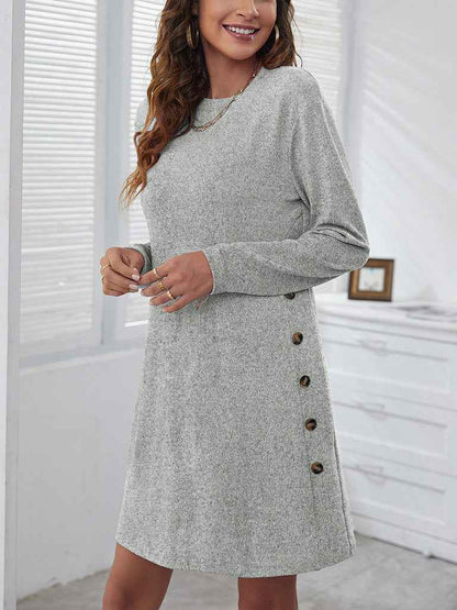 Robe femme à manches longues et col rond – Robe décontractée et ample de couleur unie pour l'automne et le printemps