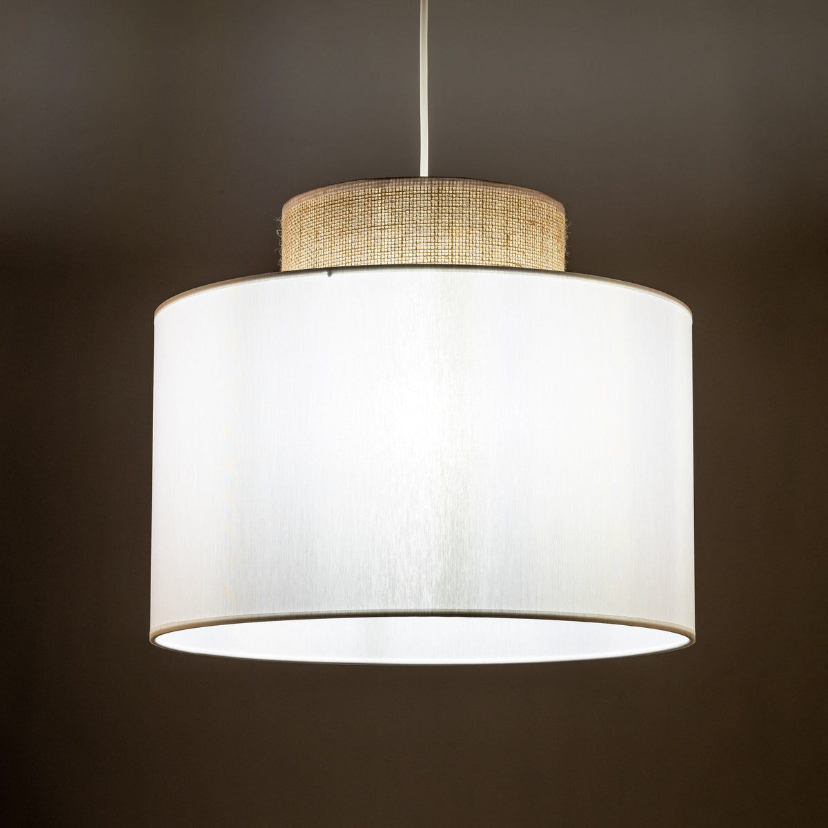 DUO White Linen & Jute Cylinder Pendant Light for Kitchen Island & Dining