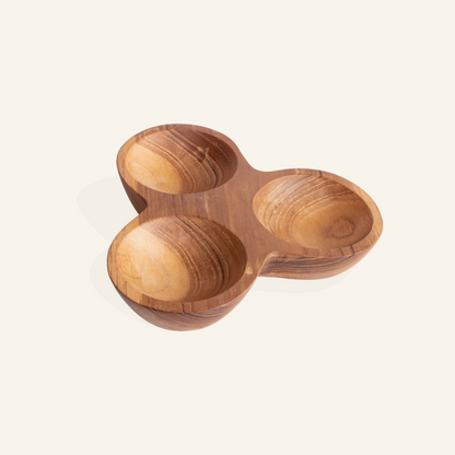 Three-compartment teak wood bowl