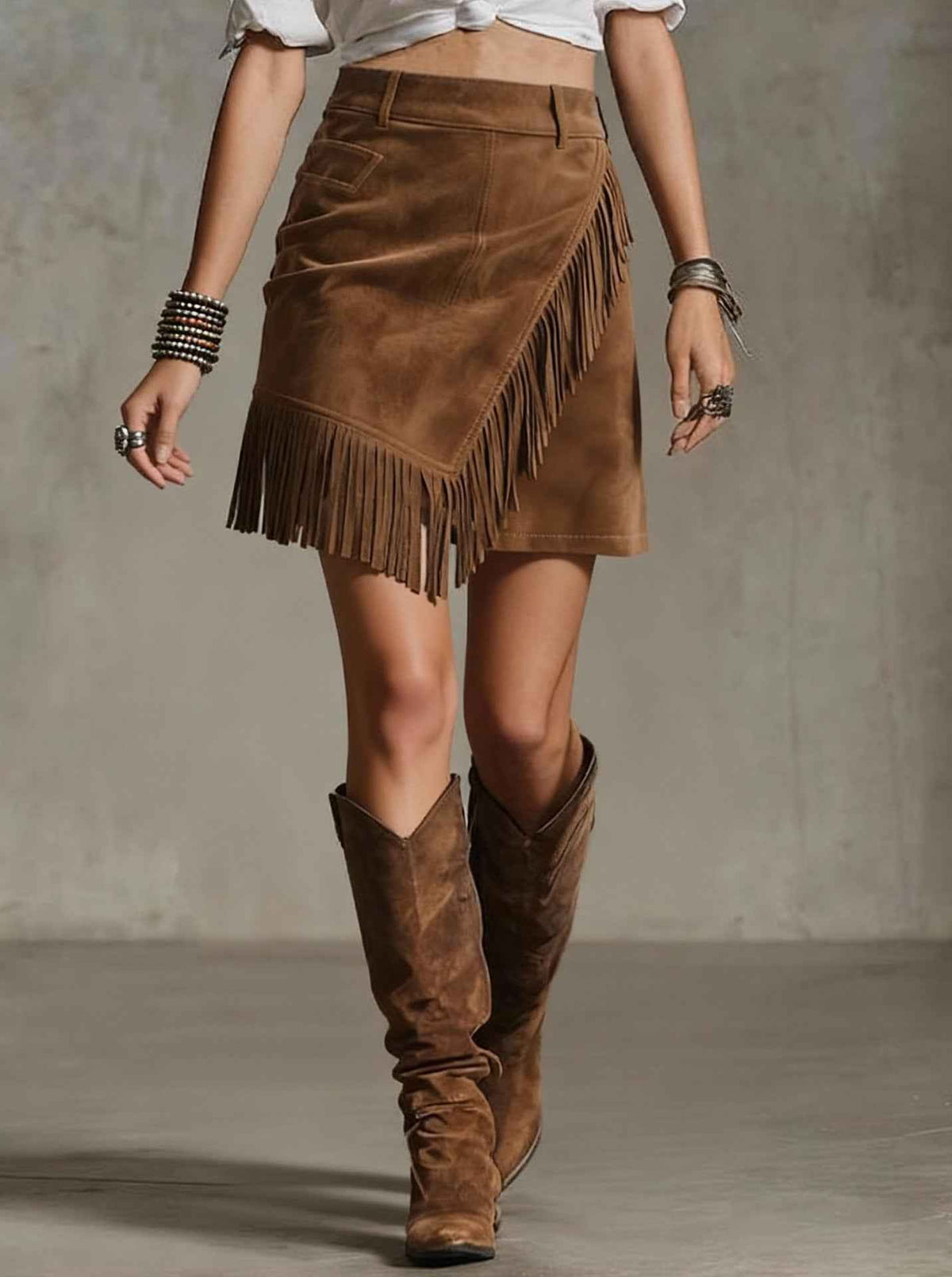 Jupe courte rétro style western en daim pour femme - Jupe moulante à franges