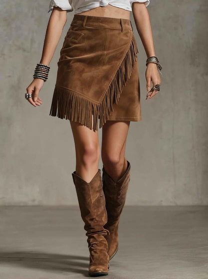 Jupe courte rétro style western en daim pour femme - Jupe moulante à franges