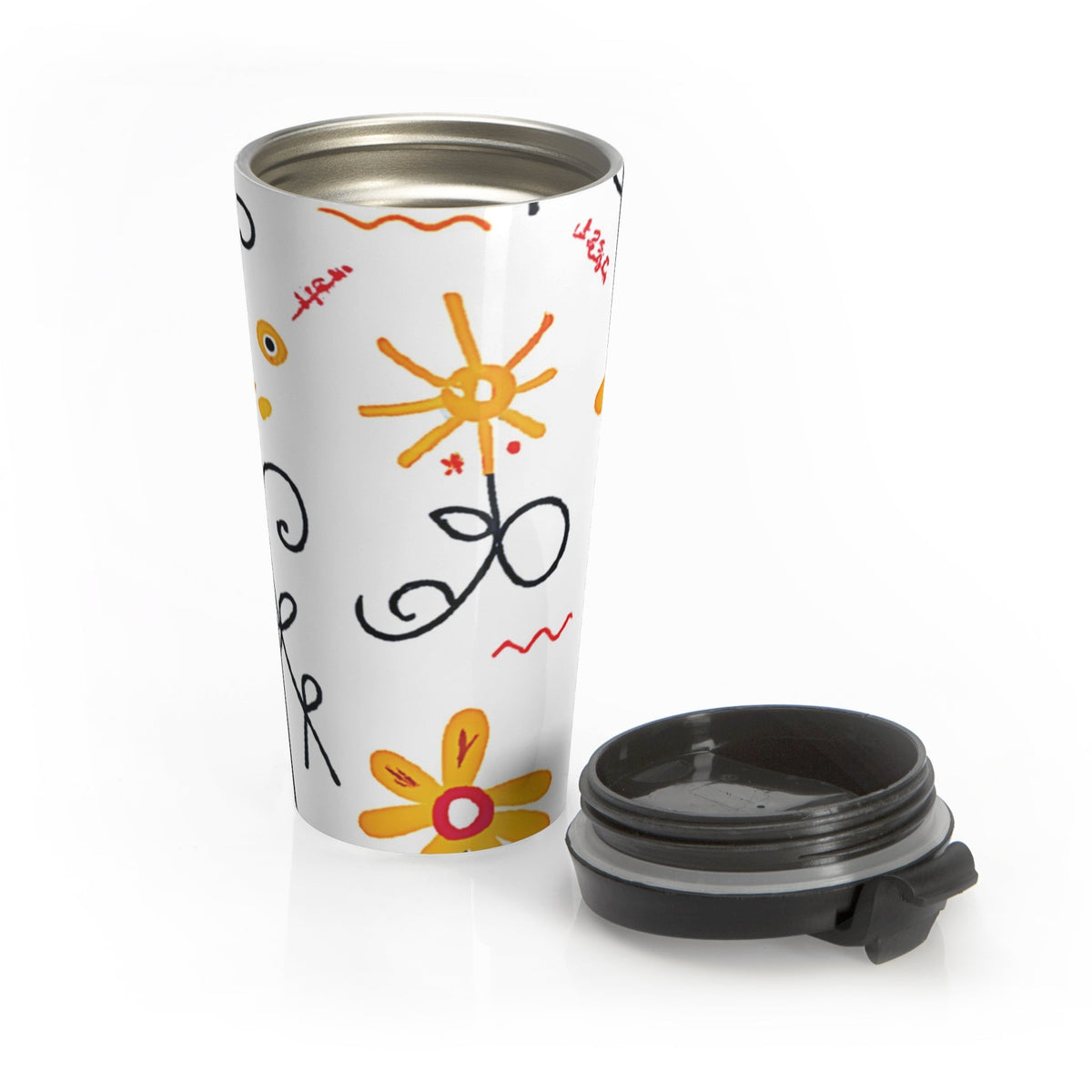 Mug de voyage en acier inoxydable Motif gribouillis floraux — Fleurs lumineuses dessinées à la main