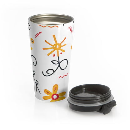 Mug de voyage en acier inoxydable Motif gribouillis floraux — Fleurs lumineuses dessinées à la main