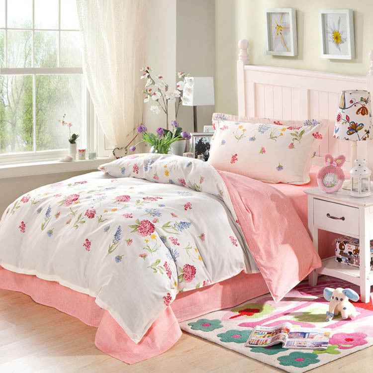 Parure de lit 3 pièces en coton à motif floral – Housse de couette et ensemble de draps à imprimé réactif motif dessin animé