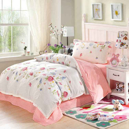 Parure de lit 3 pièces en coton à motif floral – Housse de couette et ensemble de draps à imprimé réactif motif dessin animé