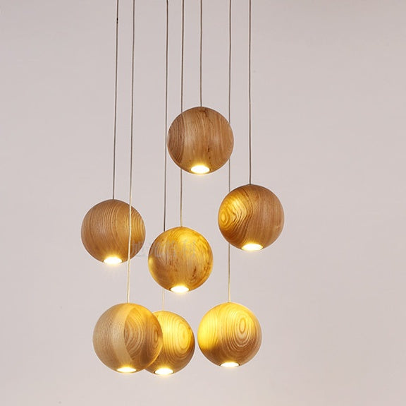 Nordic Wood Ball Chandelier – Scandinavian Wooden Pendant Ceiling Light, 1/3/4 Heads for Living Room & Dining Room (110V)