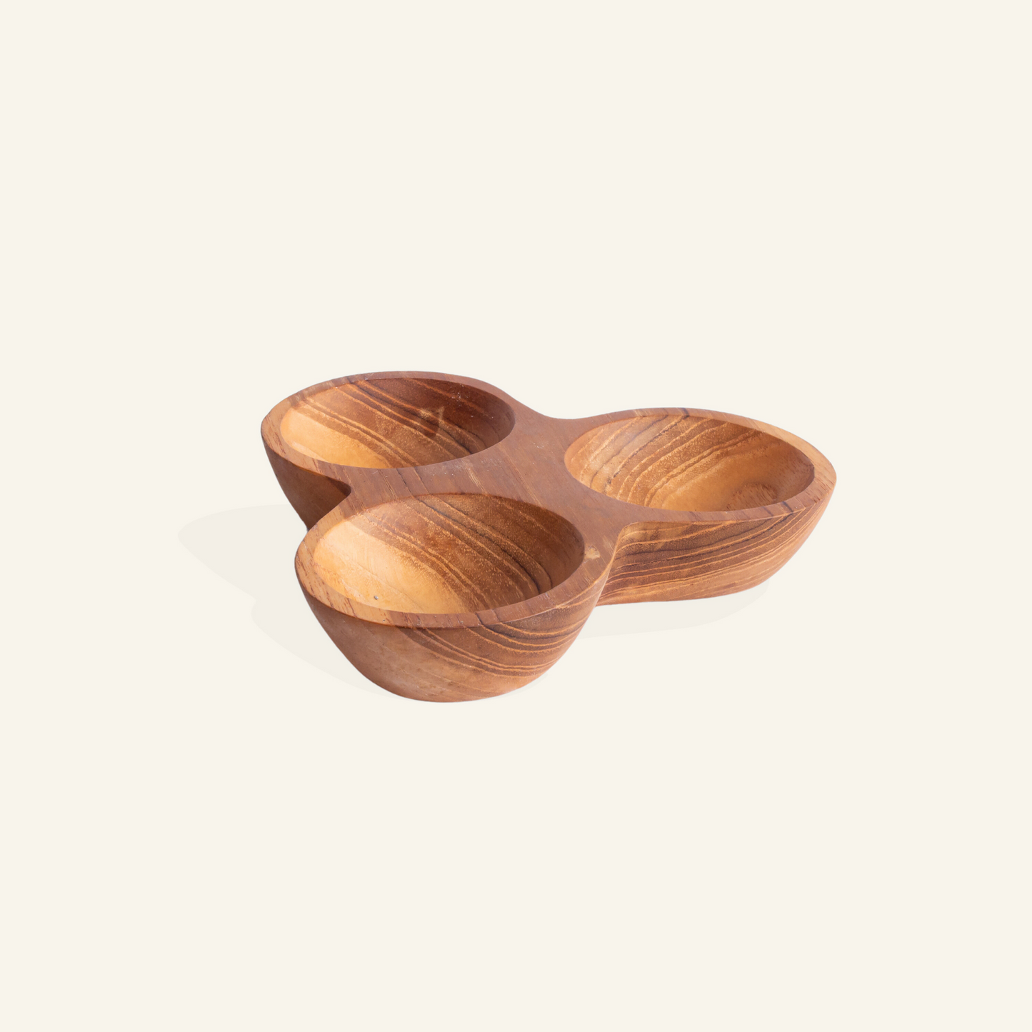 Three-compartment teak wood bowl