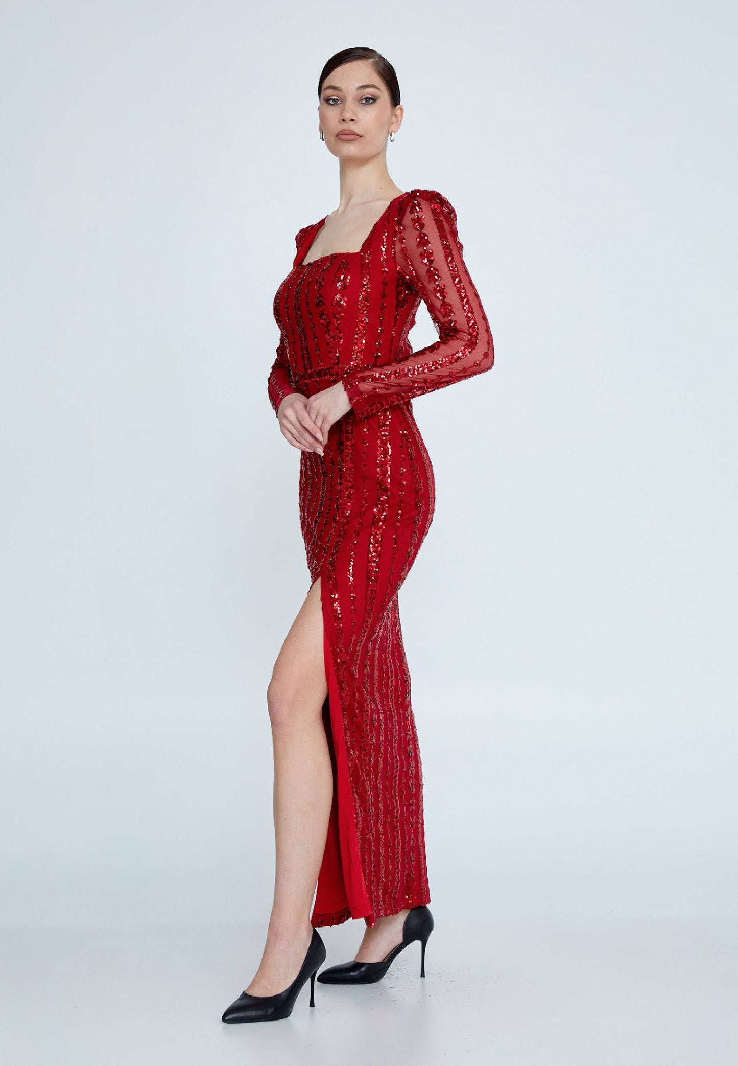 Robe mi-longue à sequins et manches longues - Rouge