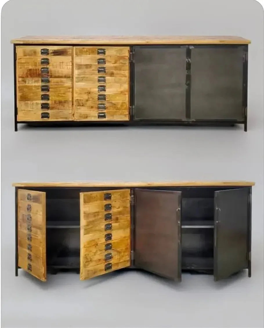 Buffet industriel en bois de manguier 4 portes bois et acier
