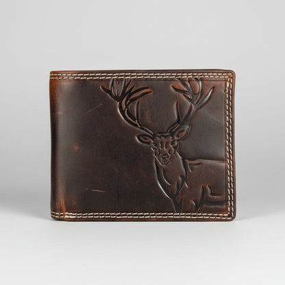 Men’s Genuine Cow Leather Bifold Wallet. Embossed Deer Design with RFID Protection