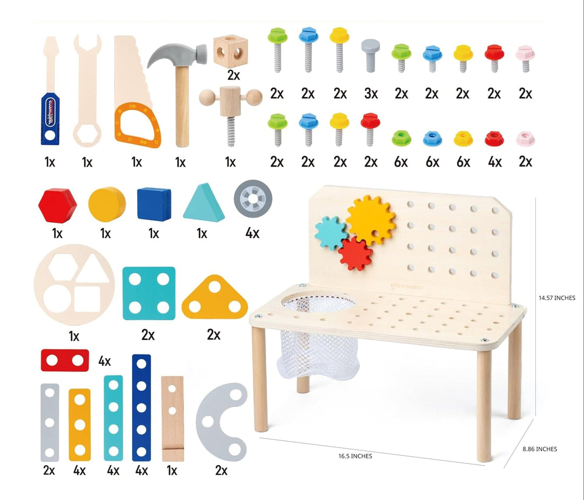 Wooden Kids Tool Bench Set – 40+ Piece STEM Builder Workshop with Gears, Nuts & Bolts | Montessori Toy for Kids Ages 3+