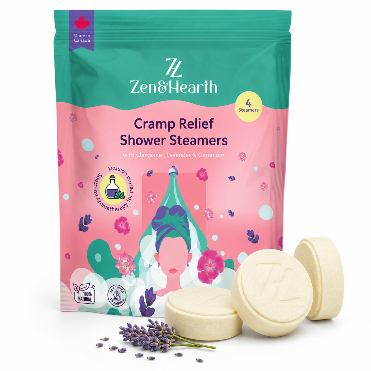 Zen & Hearth Cycle Comfort Shower Steamers – Aromatherapy Self-Care with Clary Sage, Lavender & Geranium for Calming Cycle Day Rituals – Made in Canada