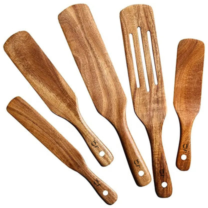 Ensemble de 5 spatules en bois d'acacia, ustensiles de cuisine en bois