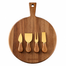 Acacia Wood Cheese Board & Gold Stainless Steel Cheese Knife Set – Premium Charcuterie Serving Board with 4 Cheese Tools