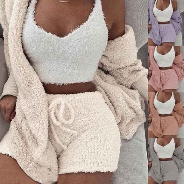 Ensemble pyjama 3 pièces femme avec débardeur court à manches longues et short à cordon de serrage
