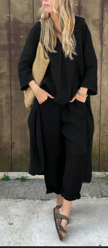 2pcs Long-sleeved Suits Loose V-neck Long Top And High Waist Wide Leg Pants With Pockets Women's Clothing