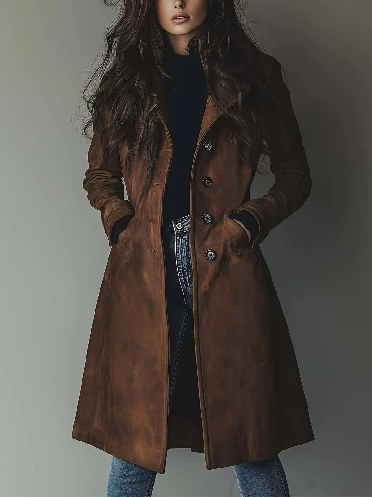 Trench-coat à revers en daim pour femme – Veste mi-longue ceinturée pour l'automne et l'hiver