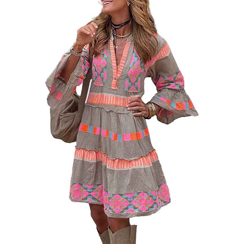 Robe à col en V imprimé mode – Robe trapèze à volants pour femme, manches trois-quarts, idéale pour l'été
