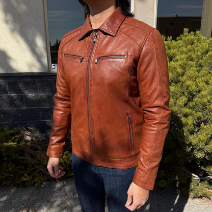 Blouson en cuir pour homme BOL avec poches zippées. Blouson en cuir de mouton avec col rabattable