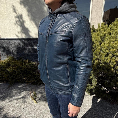 Blouson en cuir à capuche pour homme. Blouson en cuir de mouton avec capuche amovible