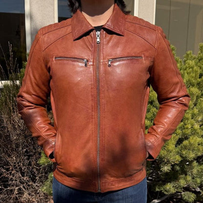 Blouson en cuir pour homme BOL avec poches zippées. Blouson en cuir de mouton avec col rabattable
