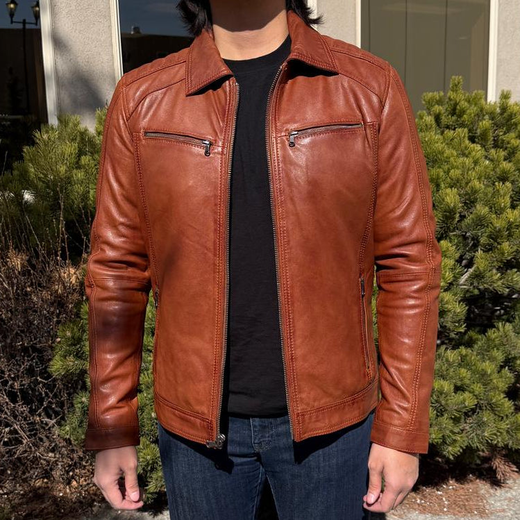 Blouson en cuir pour homme BOL avec poches zippées. Blouson en cuir de mouton avec col rabattable