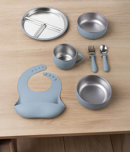 Service de vaisselle 7 pièces haut de gamme en silicone et acier inoxydable pour enfants | Ensemble repas