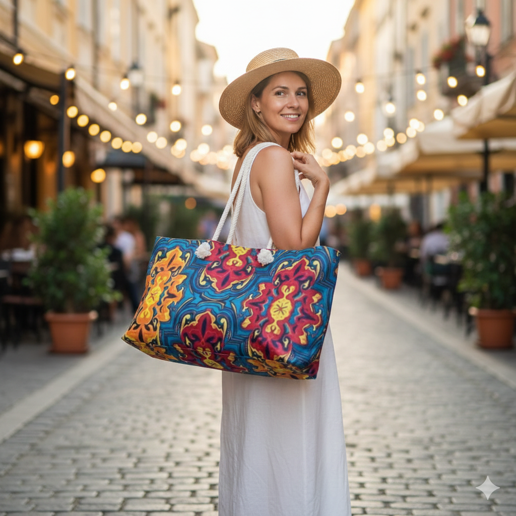 Sac de voyage grand format à motif mosaïque coloré | Cabas de voyage carreaux bohèmes | Sac de cabine maman | Cadeau pour la Fête des Mères