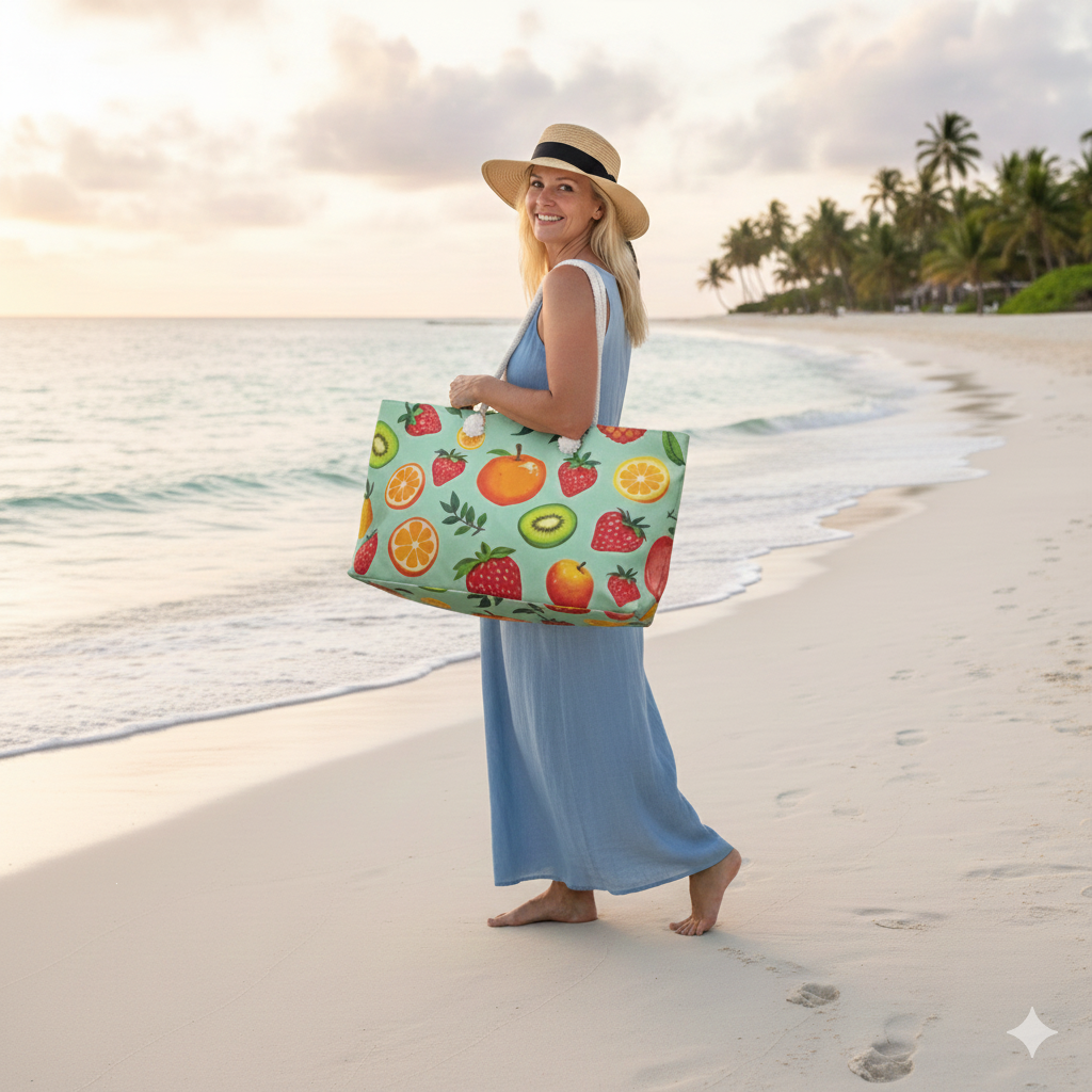 Sac de voyage motif fruits tropicaux | Sac de plage agrumes fraise kiwi | Grand cabas