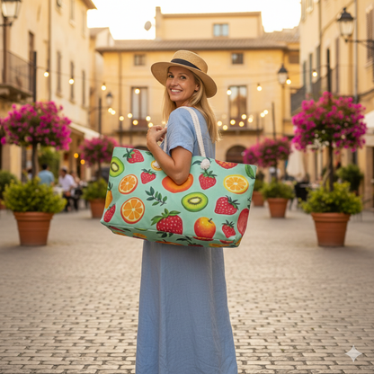 Sac de voyage motif fruits tropicaux | Sac de plage agrumes fraise kiwi | Grand cabas