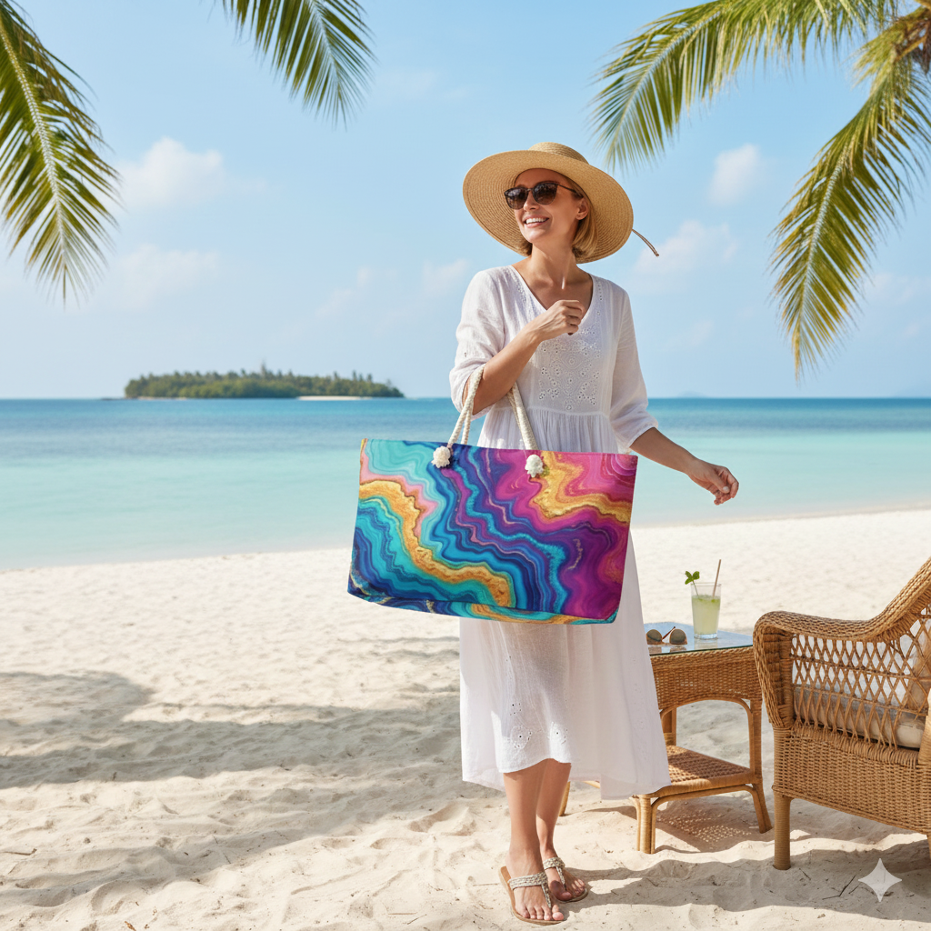 Sac de voyage à motif d'agate colorée | Marbre bleu sarcelle rose, grand sac cabas