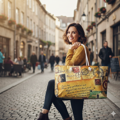 Sac polochon cartes postales de voyage vintage | Collage de timbres rétro, grand sac fourre-tout