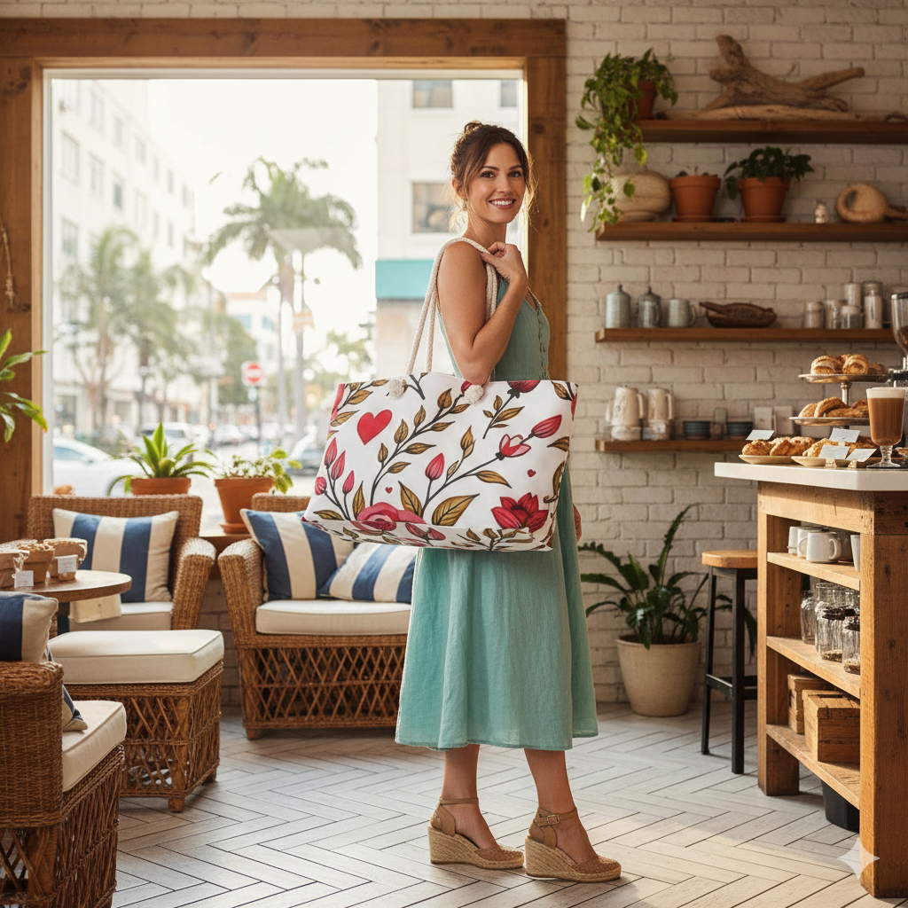 Sac de voyage cabas "Cœur Floral" | Fourre-tout de voyage "Gribouillis Romantique" | Sac de maman débordée | Cadeau pour maman