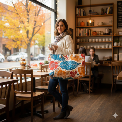 Grand sac de voyage à motifs floraux tropicaux | Sac cabas hibisicus bleu et orange