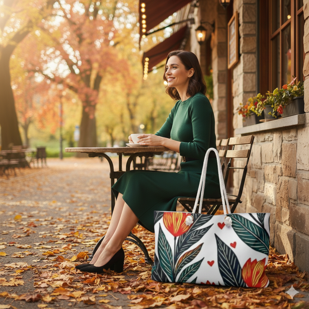 Sac de voyage motif tulipe rouge | Feuilles botaniques et cœurs | Grand cabas pour mamans et voyages