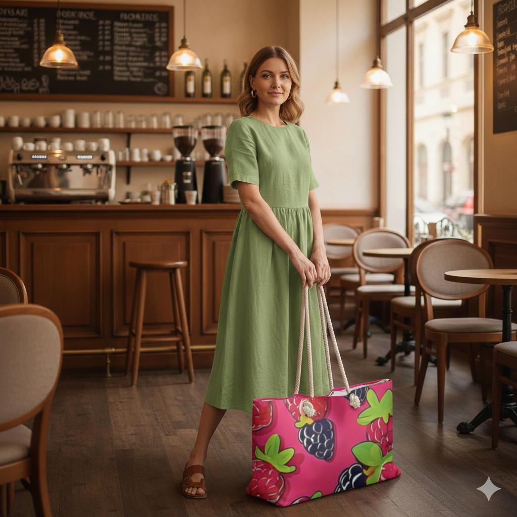 Sac de voyage à motif framboise mûre | Grand sac cabas rose vif