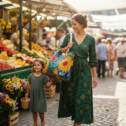 Sac de week-end floral tournesol | Sac fourre-tout botanique lumineux | Grand sac fourre-tout | sac de maman de tous les jours | sac de maman nomade