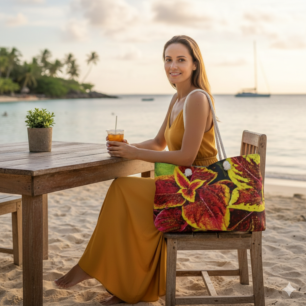 Sac de voyage à motif de feuilles de coléus panachées | Fourre-tout botanique coloré | Grand sac fourre-tout