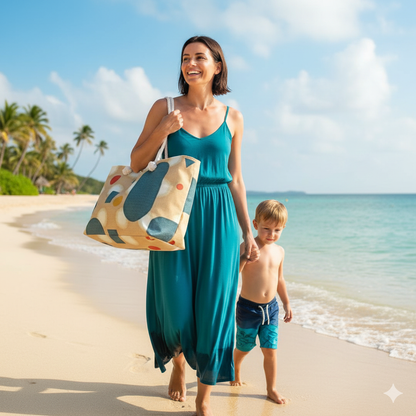 Sac de voyage géométrique mi-century | Motifs pois rétro | Cabas Maman nomade | Sac de transport pour essentiels de bébé | Sac de plage de voyage