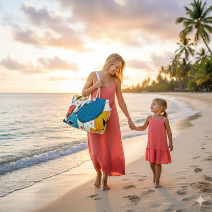 Sac de voyage coloré à motifs abstraits de feuilles | Motif botanique sarcelle, rouge et jaune | Grand sac fourre-tout | Sac de voyage pour maman | Sac pour maman débordée