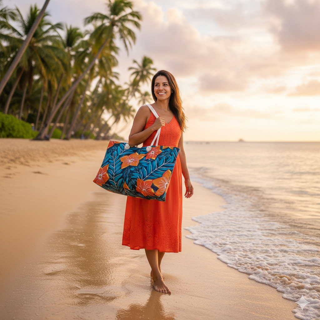 Sac de voyage à motif floral orange | Feuilles tropicales bleues | Grand cabas