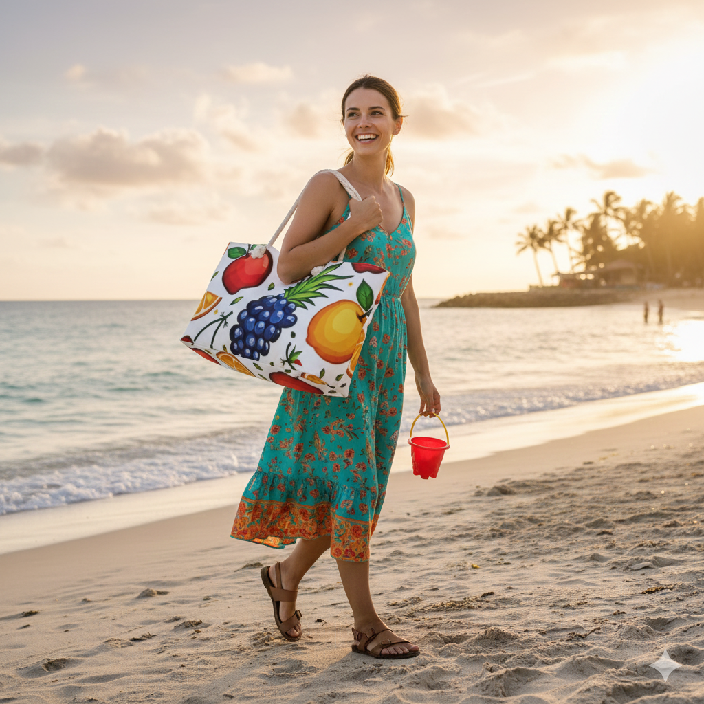 Sac de Voyage Grand Format à Motif de Fruits Colorés | Ananas Tropical Pomme Orange Raisins | Grand Sac Fourre-Tout | Sac de Plage | Sac de voyage pour maman