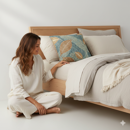 Coussin Tressé Feuille Tropicale | Jeté Décoratif Bohème Bleu Sarcelle Rouille