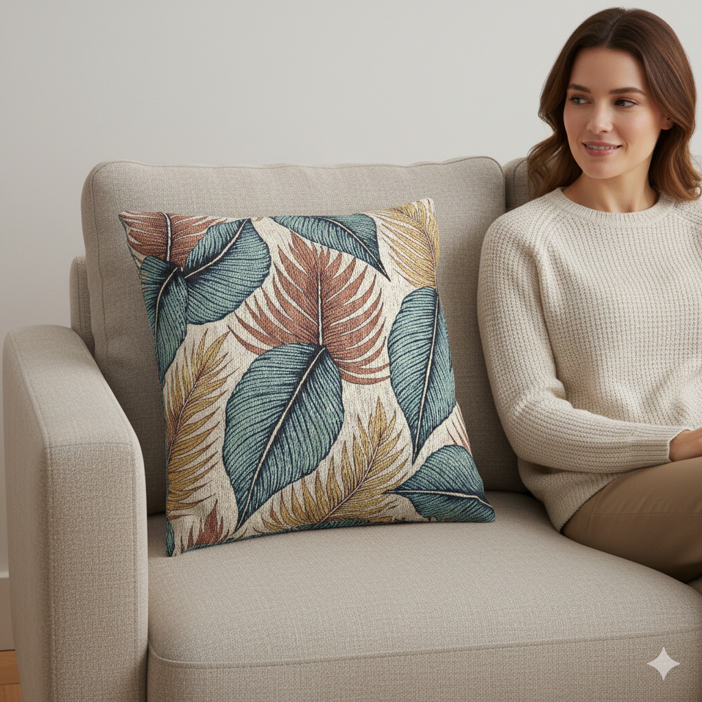 Coussin tissé à feuilles tropicales | Coussin décoratif bleu sarcelle rouille
