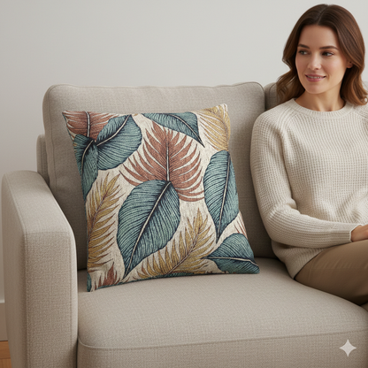 Coussin tissé à feuilles tropicales | Coussin décoratif bleu sarcelle rouille