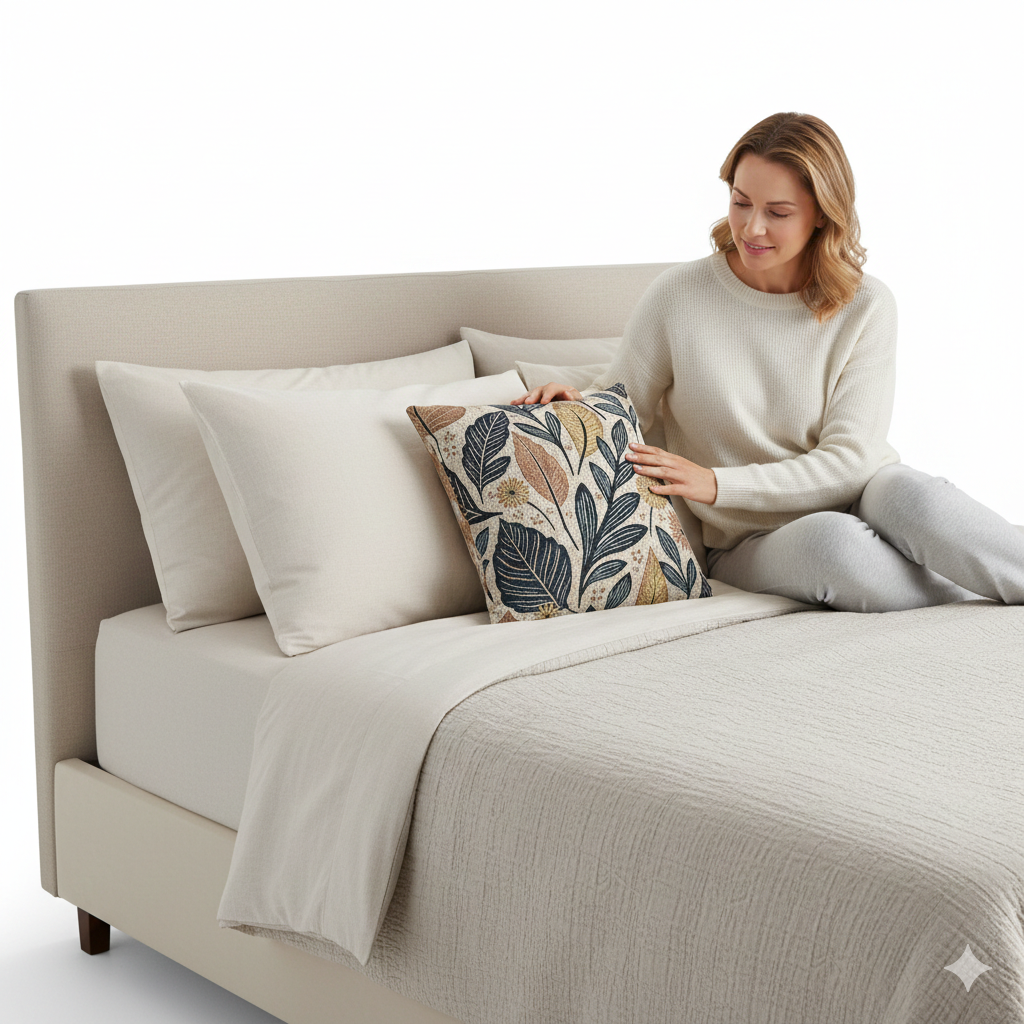 Oreiller à motif de feuilles botaniques | Coussin décoratif à feuillage floral tissé