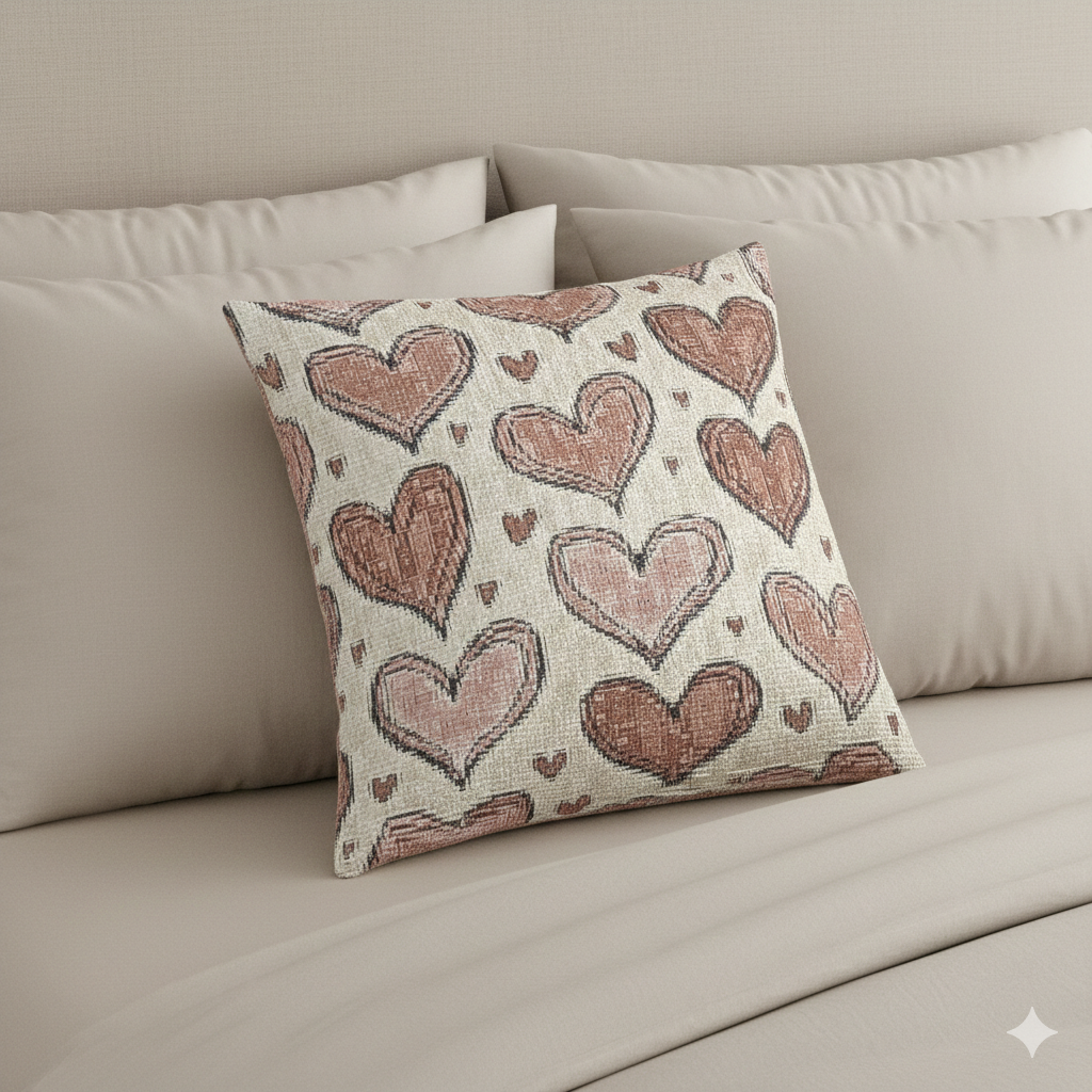 Coussin tressé à motif de cœurs roses | Jeté décoratif bohème Saint-Valentin