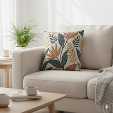 Tropical Leaf Pattern Woven Pillow | Botanical Throw Pillow, Neutral Blue Rust Design